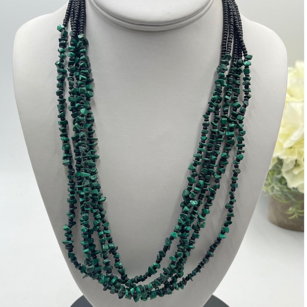 Vintage Multi-Strand Natural Malachite‎ Chip Black Bead Necklace Statement 925